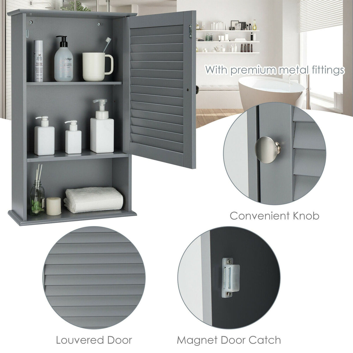 WELLFOR 16.5-in x 27.5-in x 6.5-in Gray Bathroom Wall Cabinet