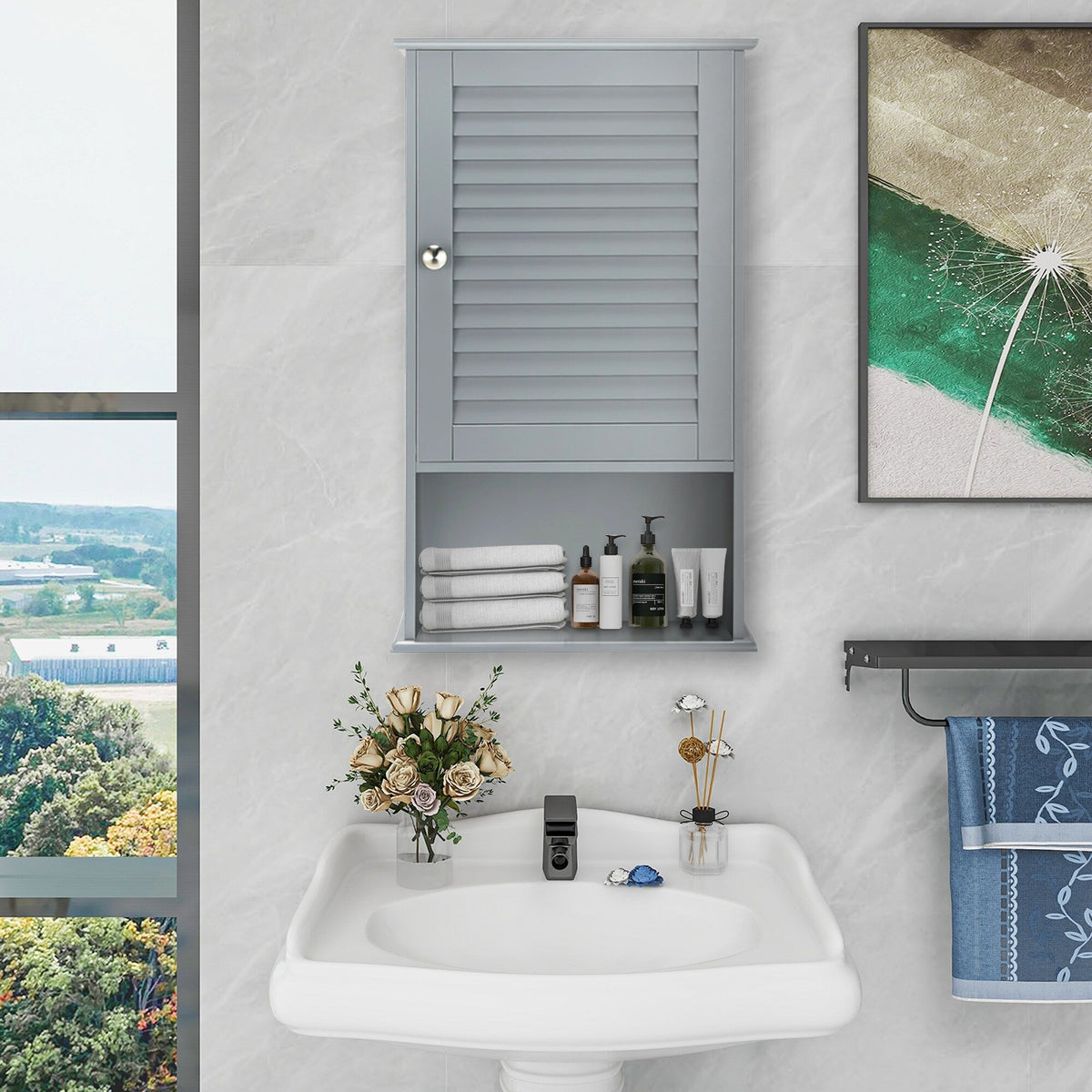 WELLFOR 16.5-in x 27.5-in x 6.5-in Gray Bathroom Wall Cabinet