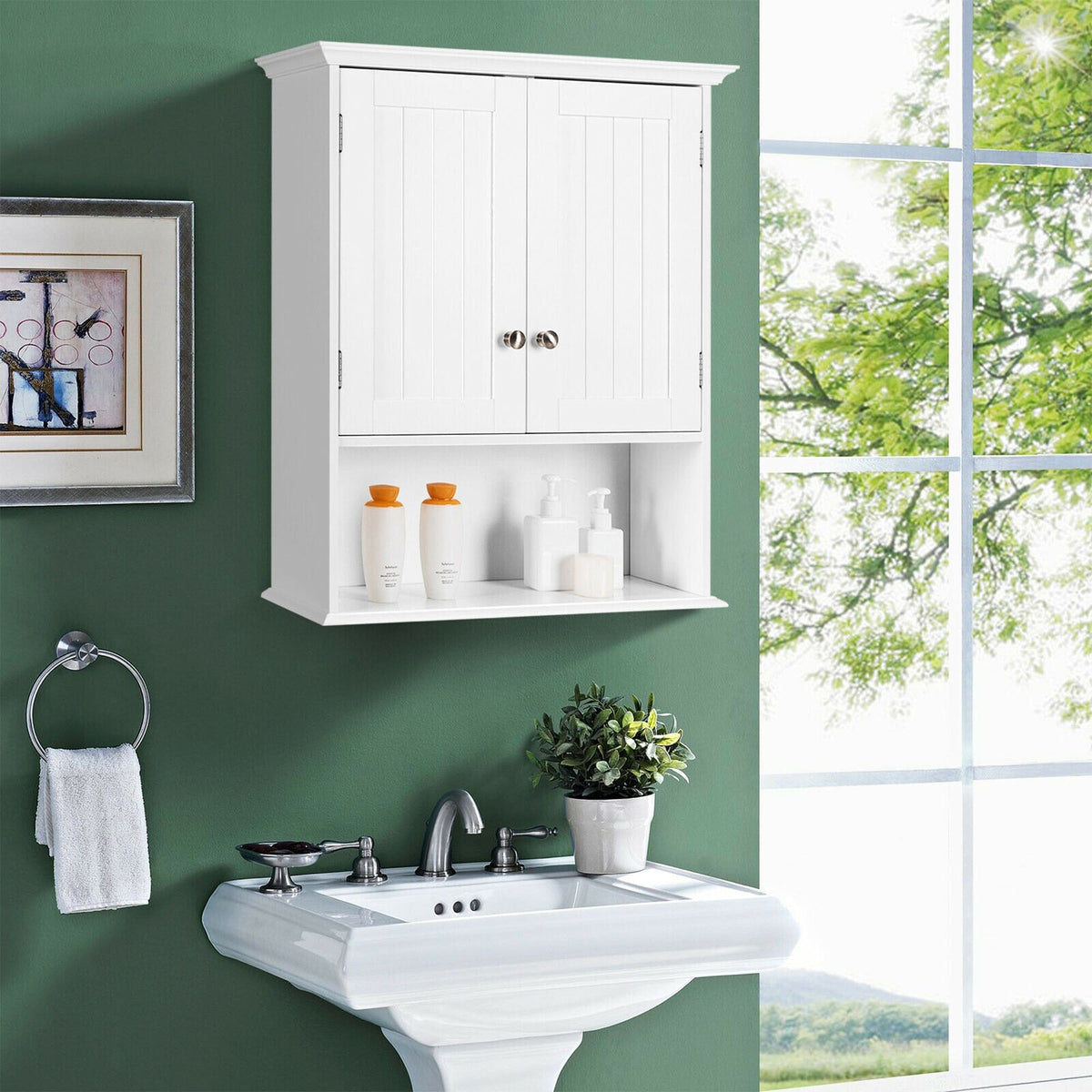 WELLFOR 23.5-in x 28-in x 7.5-in White Bathroom Wall Cabinet