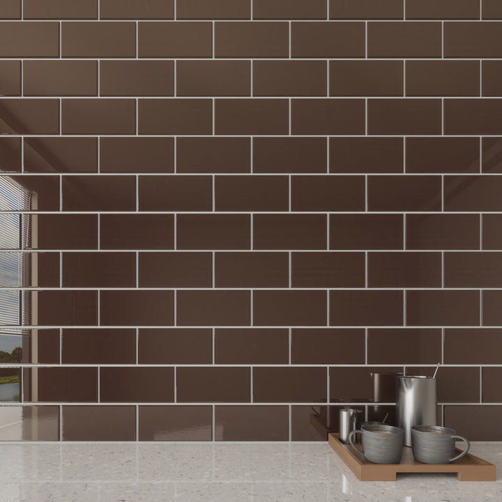 Giorbello Classic Premium Classic Brown 3-in x 6-in Glossy Glass Subway Wall Tile (5-sq. ft/ Carton)