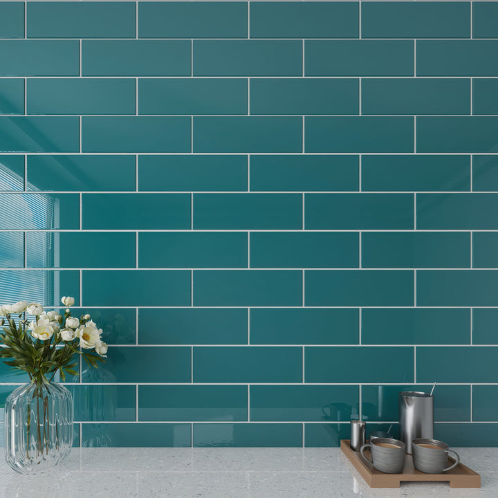 Giorbello Classic Premium Dark Teal 4-in x 12-in Glossy Glass Subway Wall Tile (5-sq. ft/ Carton)