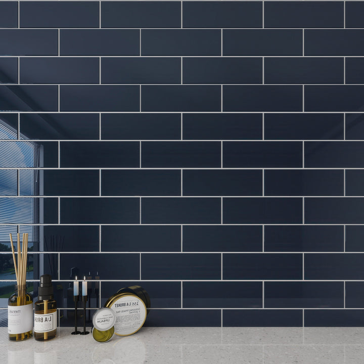 Giorbello Classic Premium Midnight Blue 4-in x 12-in Glossy Glass Subway Wall Tile (5-sq. ft/ Carton)