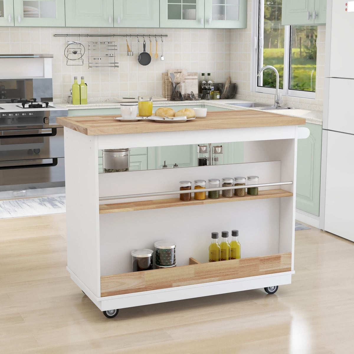 Xspracer White Mdf Base with Wood Top Rolling Kitchen Island (22-in x 46-in x 36-in)