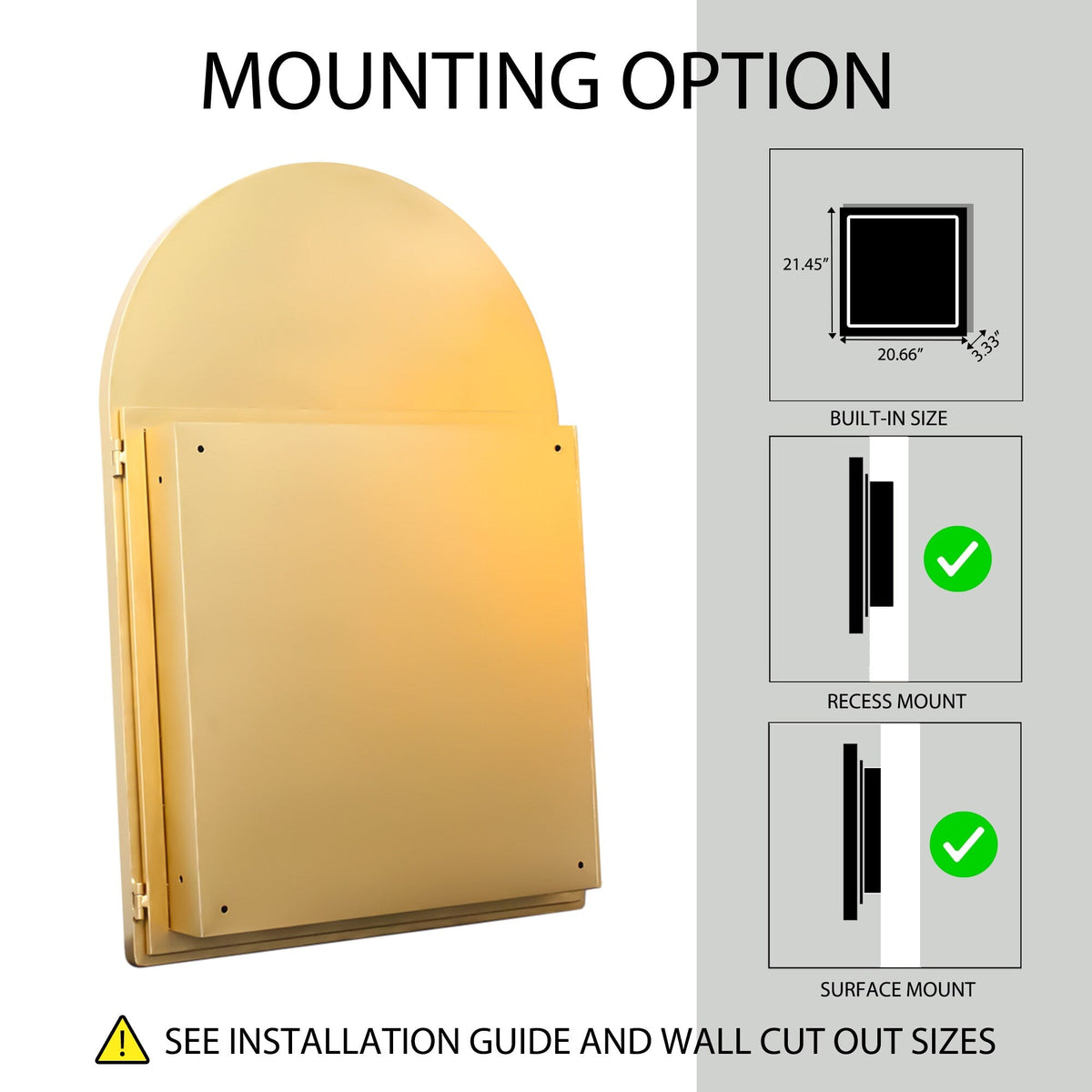 WELLFOR FS Medicine Cabinet 24-in x 36-in Surface/Recessed Mount Gold Mirrored Arched Soft Close Medicine Cabinet