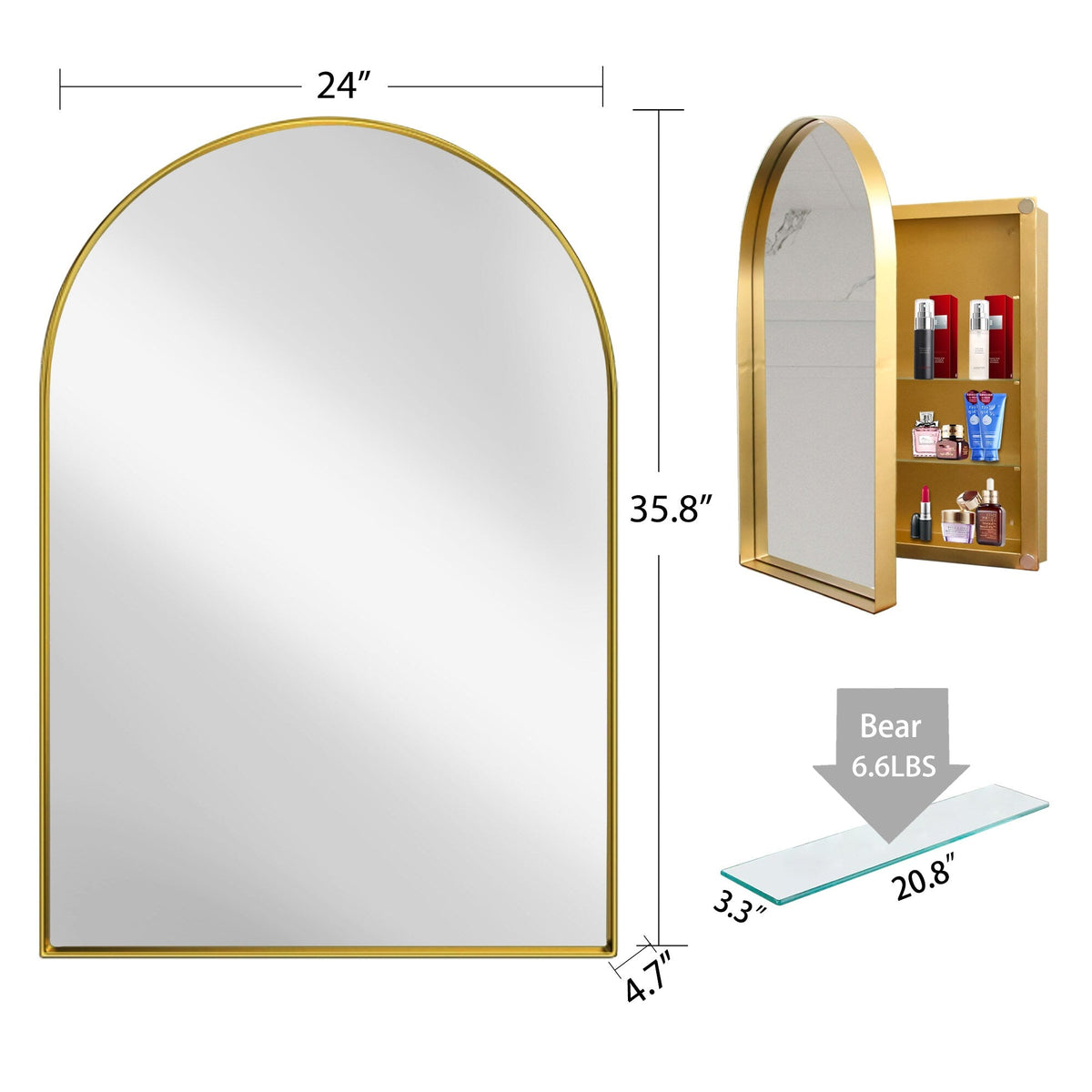 WELLFOR FS Medicine Cabinet 24-in x 36-in Surface/Recessed Mount Gold Mirrored Arched Soft Close Medicine Cabinet