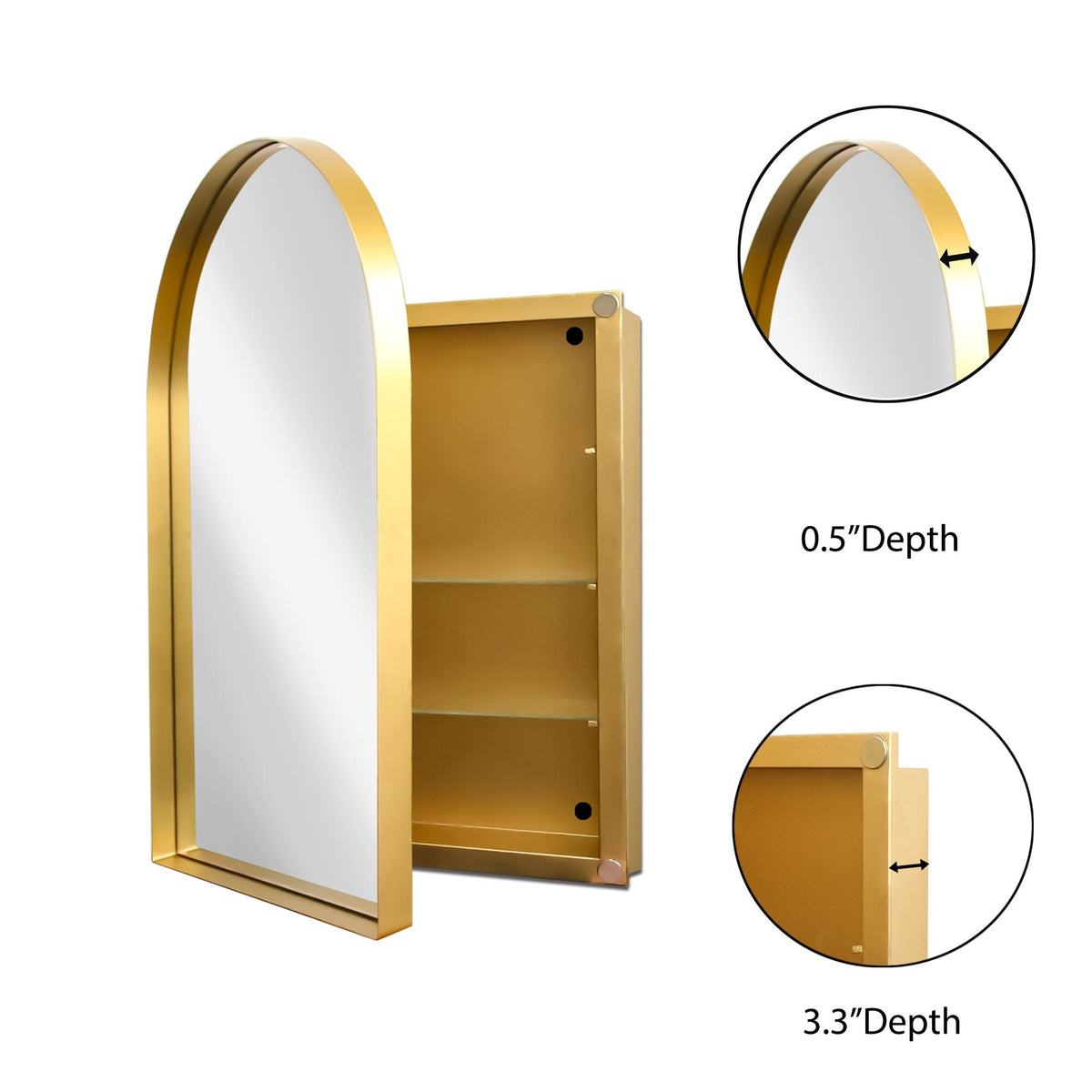 WELLFOR FS Medicine Cabinet 24-in x 36-in Surface/Recessed Mount Gold Mirrored Arched Soft Close Medicine Cabinet