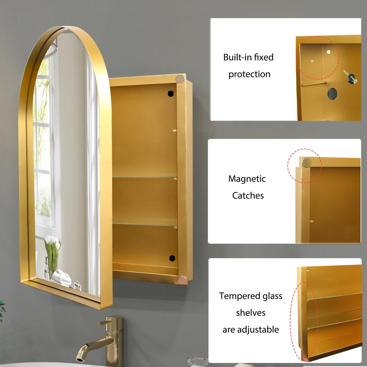WELLFOR FS Medicine Cabinet 24-in x 36-in Surface/Recessed Mount Gold Mirrored Arched Soft Close Medicine Cabinet