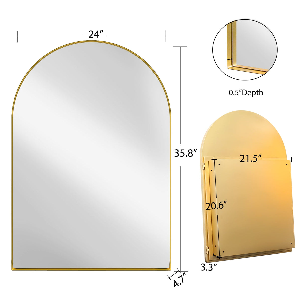 WELLFOR FS Medicine Cabinet 24-in x 36-in Surface/Recessed Mount Gold Mirrored Arched Soft Close Medicine Cabinet