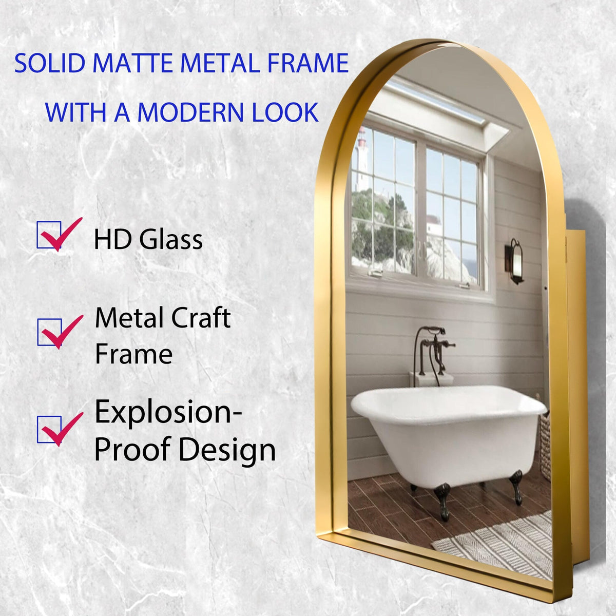 WELLFOR FS Medicine Cabinet 24-in x 36-in Surface/Recessed Mount Gold Mirrored Arched Soft Close Medicine Cabinet