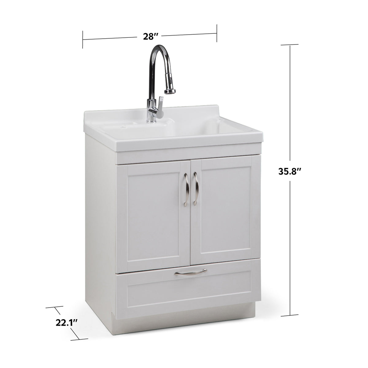 Simpli Home Maile Freestanding Pure White Laundry Sink with Cabinet, Drain, and Faucet