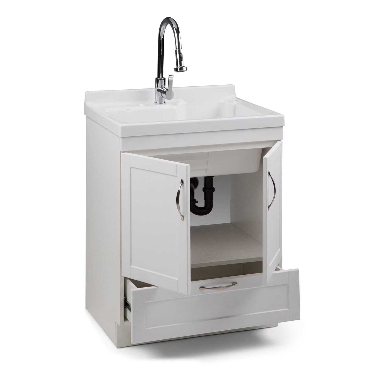 Simpli Home Maile 28" Freestanding Pure White Laundry Sink with Cabinet and Faucet