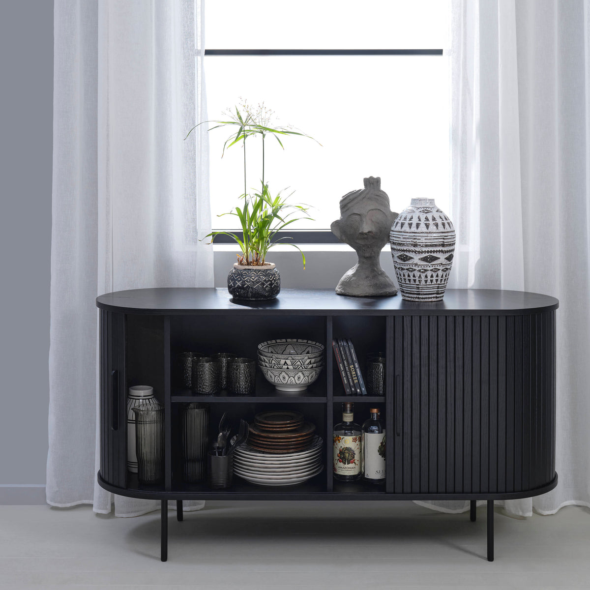 Contemporary/Modern Black Oak Wood Oak Sideboard