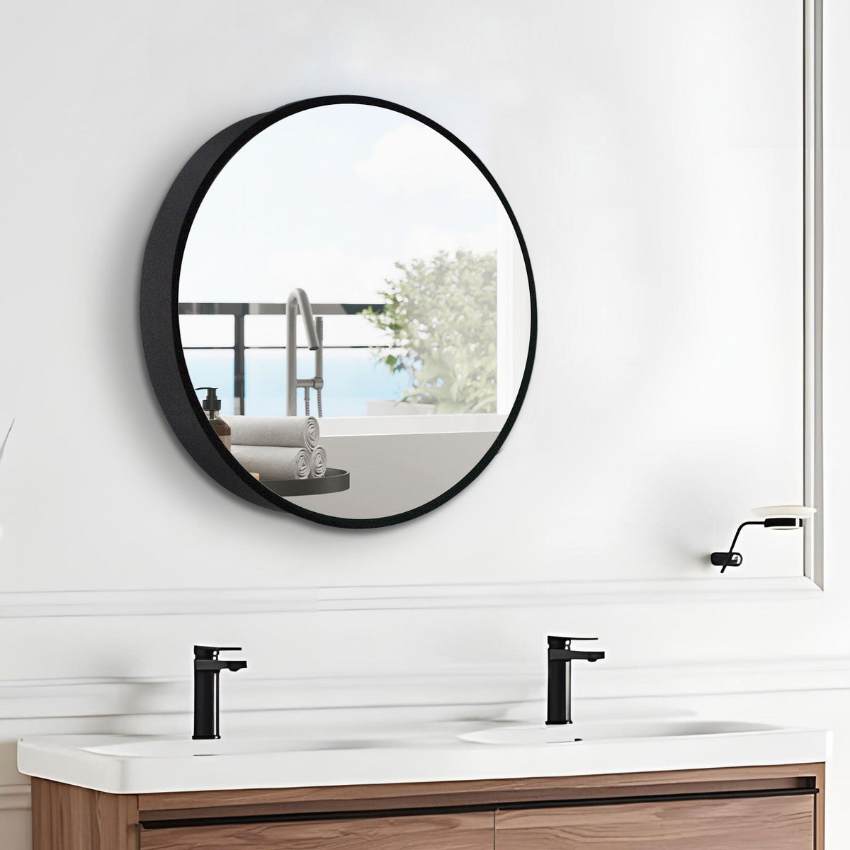 WELLFOR AO 24-in x 24-in Surface Mount Black Mirrored Round Medicine Cabinet