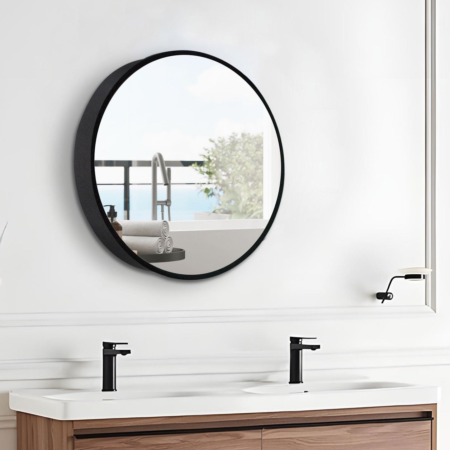 WELLFOR AO 24-in x 24-in Surface Mount Black Mirrored Round Medicine Cabinet