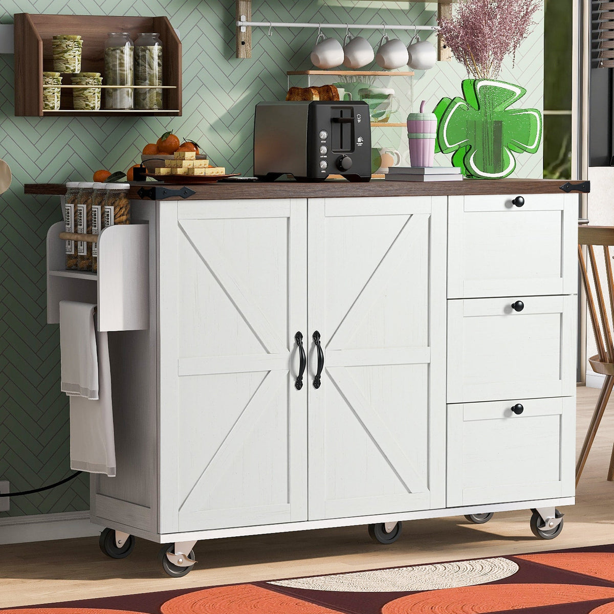 BABOOM White Mdf Base with Composite Top Rolling Kitchen Island (28.7-in x 54.5-in x 36.5-in)