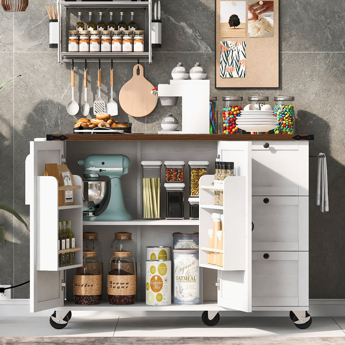 BABOOM White Mdf Base with Composite Top Rolling Kitchen Island (28.7-in x 54.5-in x 36.5-in)