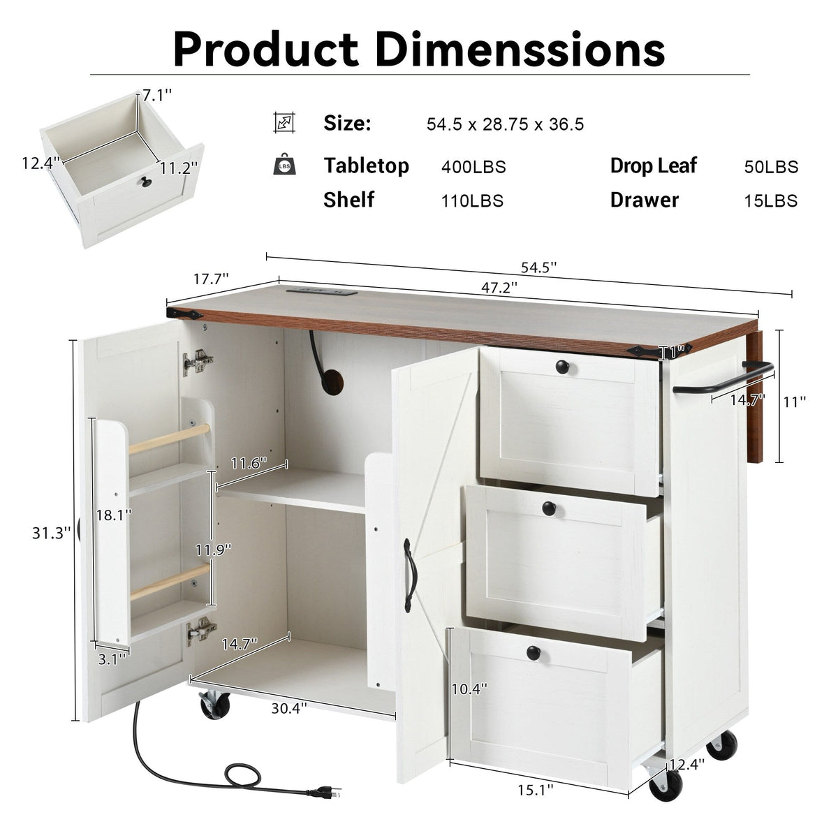BABOOM White Mdf Base with Composite Top Rolling Kitchen Island (28.7-in x 54.5-in x 36.5-in)