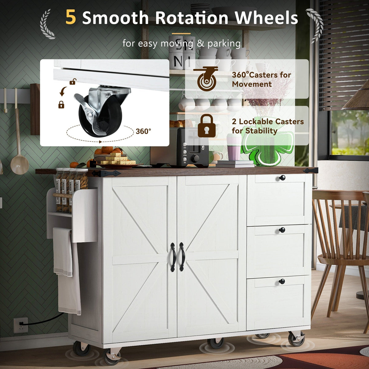 BABOOM White Mdf Base with Composite Top Rolling Kitchen Island (28.7-in x 54.5-in x 36.5-in)