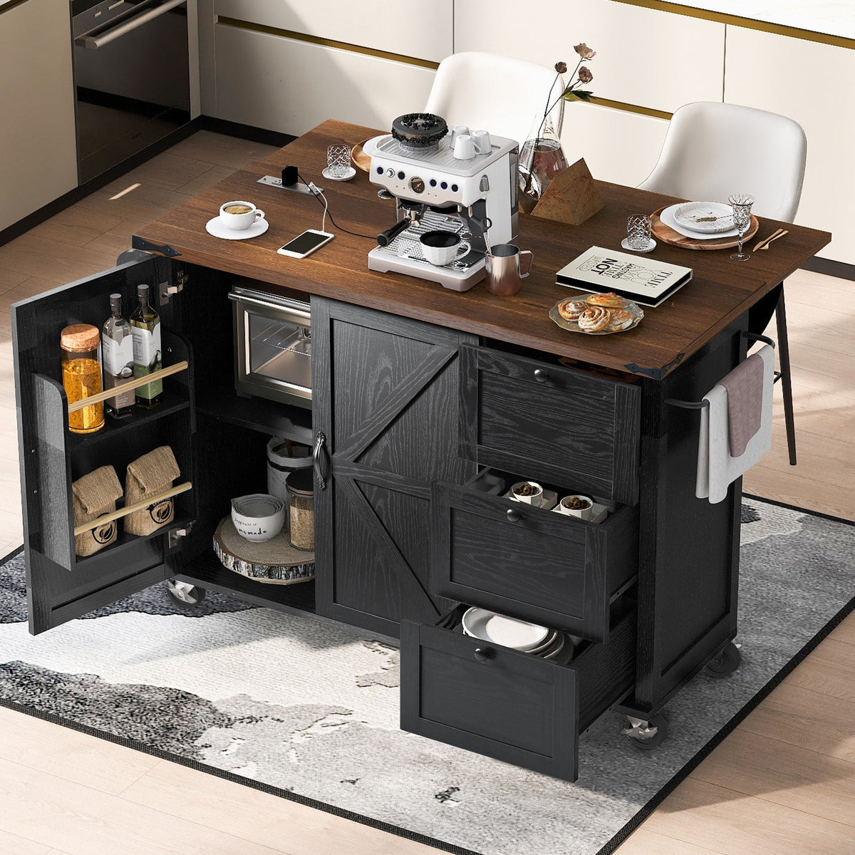 BABOOM Black Mdf Base with Composite Wood Top Rolling Kitchen Island (28.75-in x 54.5-in x 36.5-in)