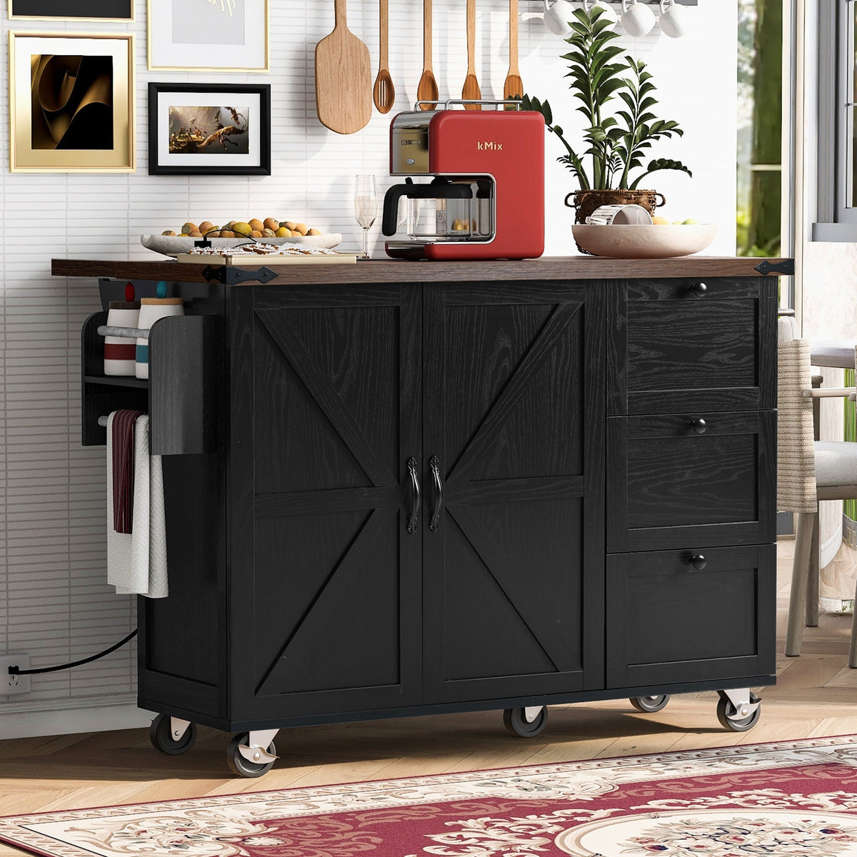 BABOOM Black Mdf Base with Composite Wood Top Rolling Kitchen Island (28.75-in x 54.5-in x 36.5-in)