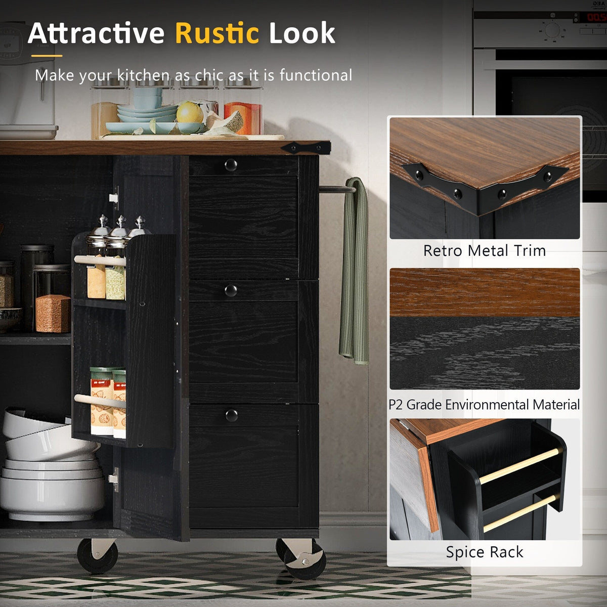 BABOOM Black Mdf Base with Composite Wood Top Rolling Kitchen Island (28.75-in x 54.5-in x 36.5-in)