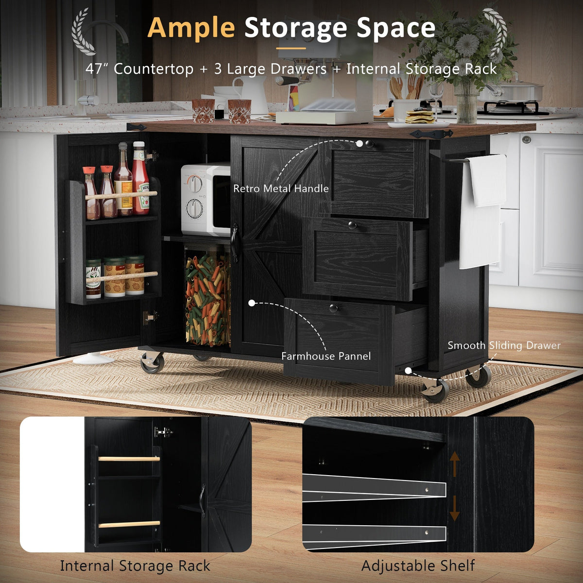 BABOOM Black Mdf Base with Composite Wood Top Rolling Kitchen Island (28.75-in x 54.5-in x 36.5-in)
