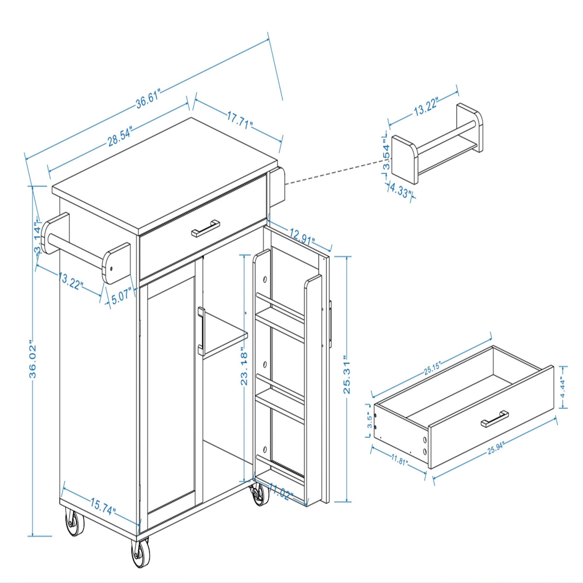 BABOOM White Mdf Base with Wood Top Rolling Kitchen Island (17.71-in x 36.61-in x 36.02-in)