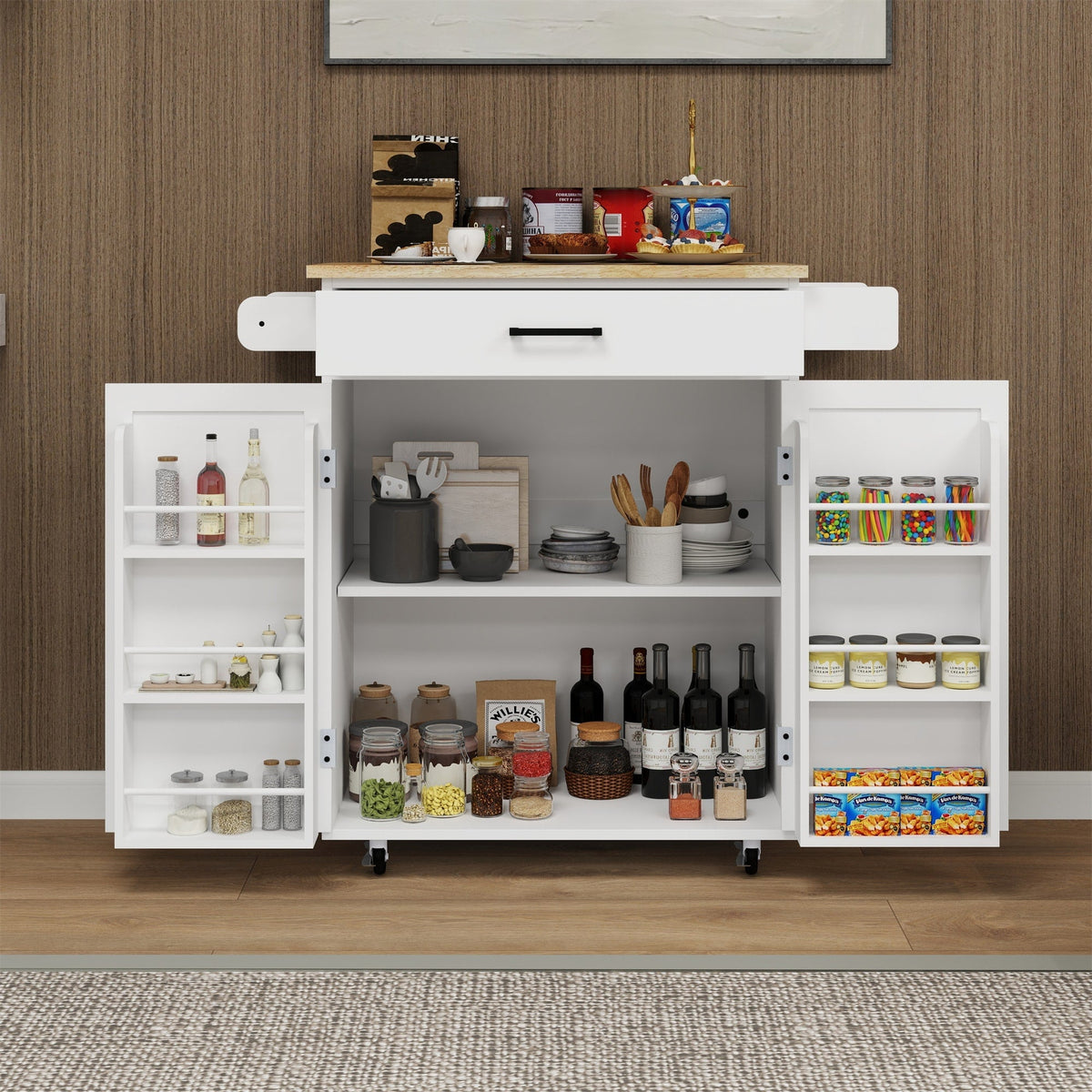 BABOOM White Mdf Base with Wood Top Rolling Kitchen Island (17.71-in x 36.61-in x 36.02-in)