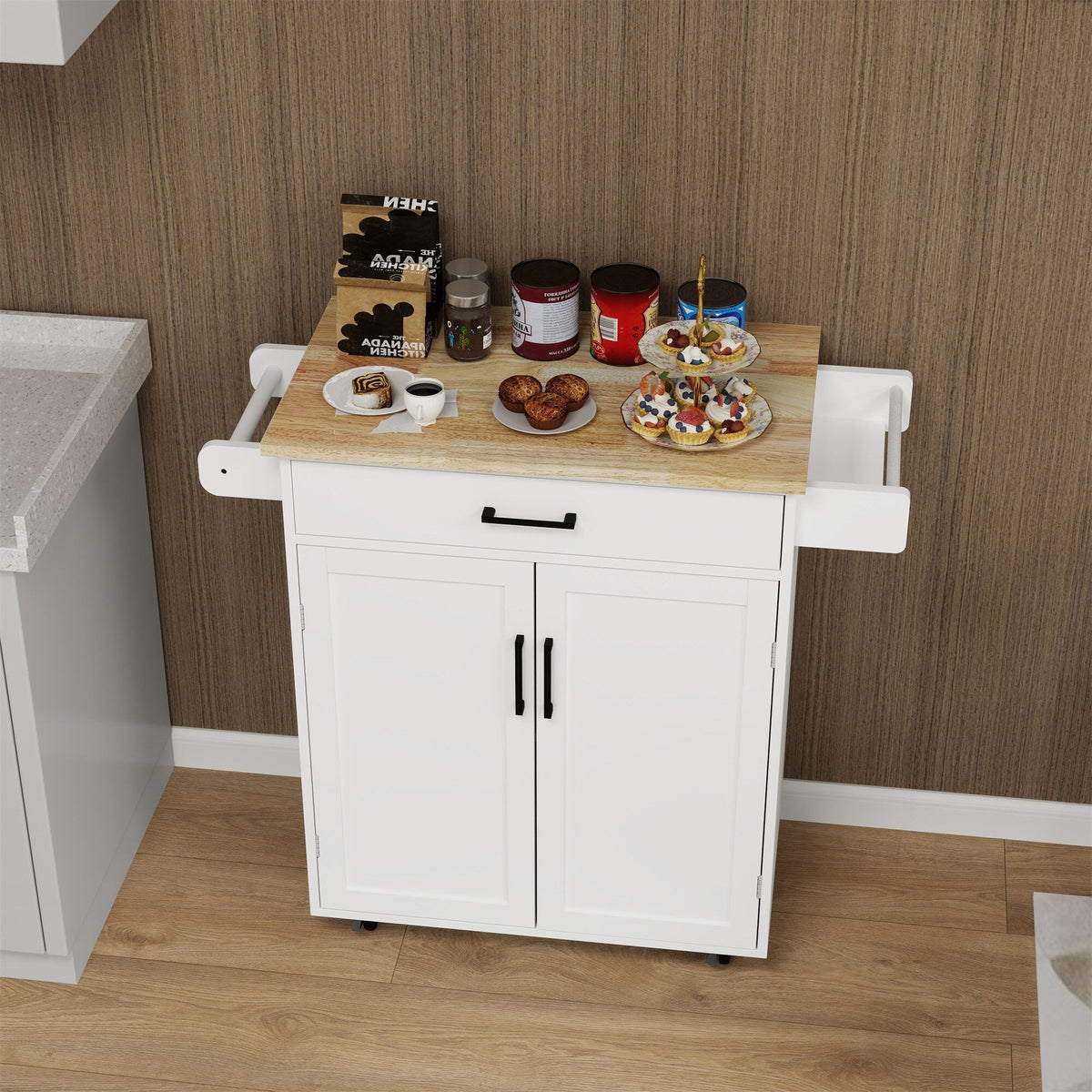 BABOOM White Mdf Base with Wood Top Rolling Kitchen Island (17.71-in x 36.61-in x 36.02-in)