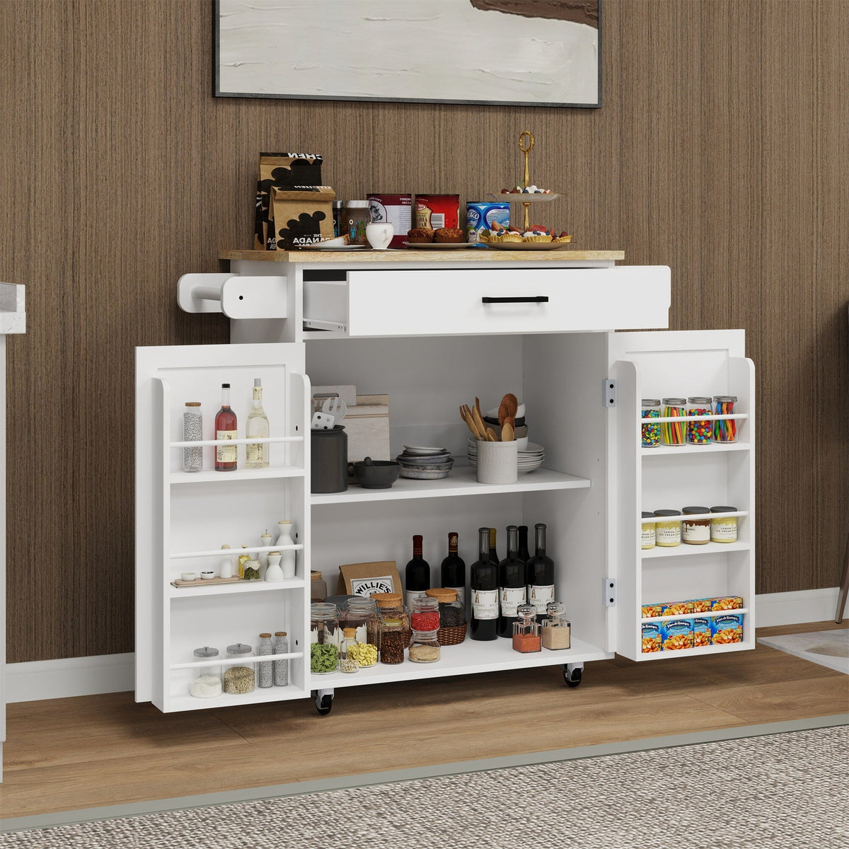 BABOOM White Mdf Base with Wood Top Rolling Kitchen Island (17.71-in x 36.61-in x 36.02-in)