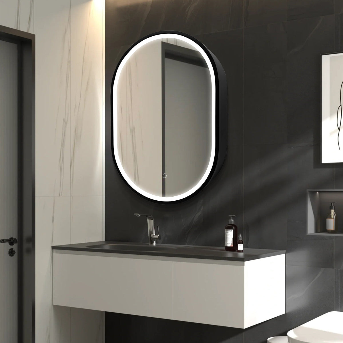 WELLFOR AO 21-in x 31-in Lighted LED Fog Free Surface Mount Black Mirrored Oval Soft Close Medicine Cabinet