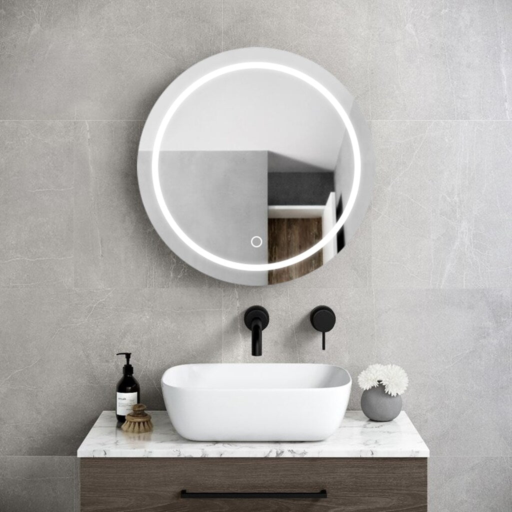 AAZJ AO 25-in x 26-in Lighted LED Fog Free Surface Mount Silver and Black Mirrored Round Medicine Cabinet