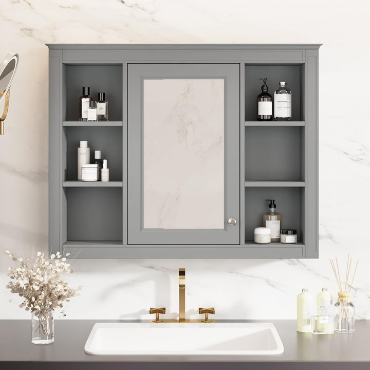 AAZJ CMR 35-in x 27.5-in Surface Mount Gray Mirrored Soft Close Medicine Cabinet