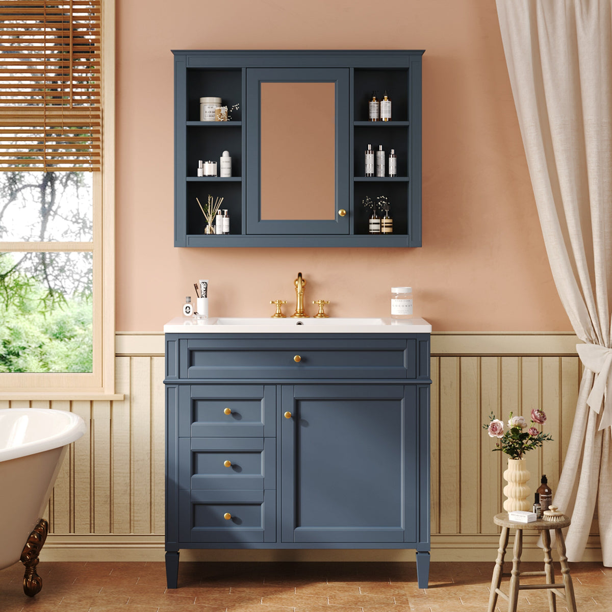 AAZJ CMR 35-in x 27.5-in Surface Mount Navy Blue Mirrored Medicine Cabinet
