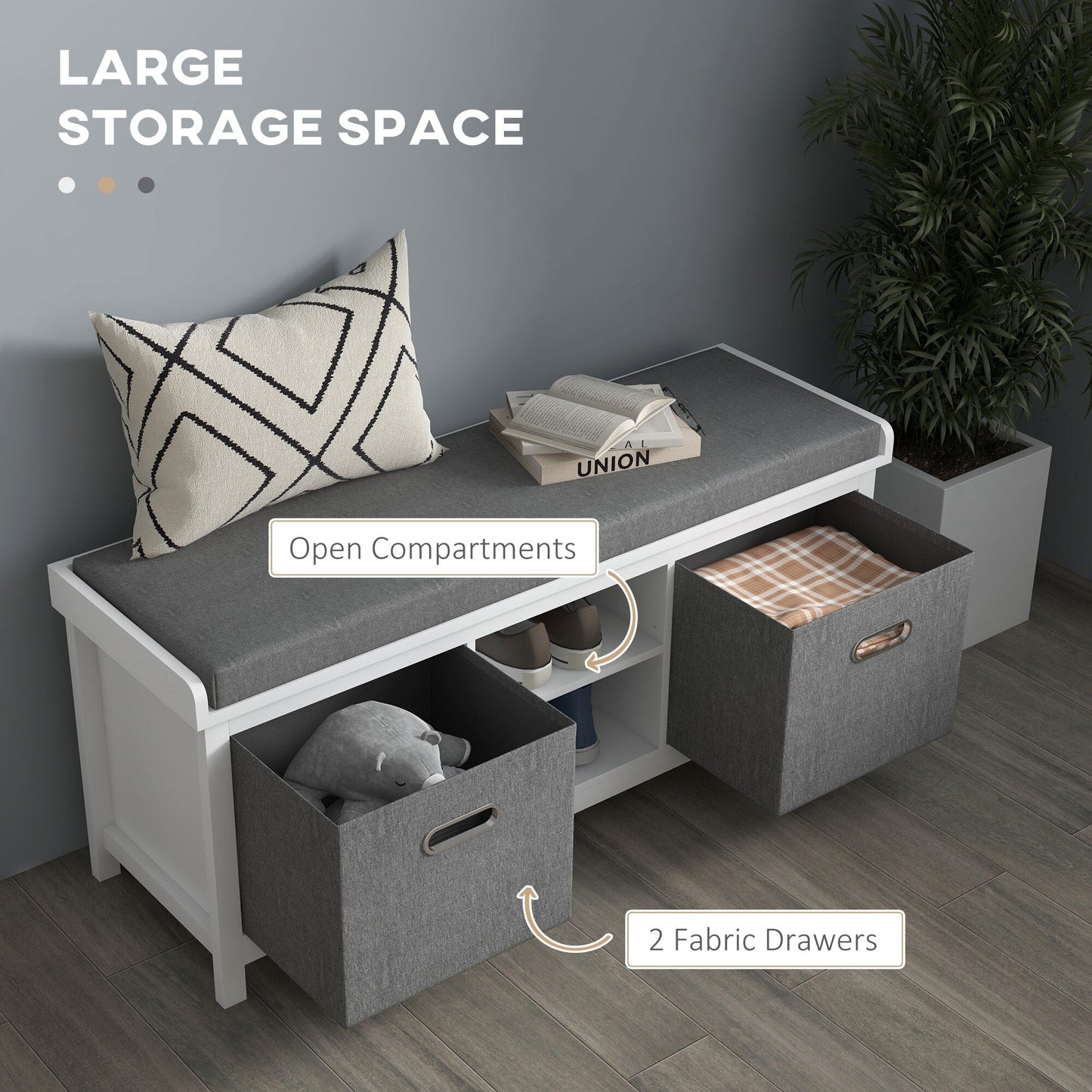GZMR Storage Bench for Entryway with Padded Seat Modern White+Gray Storage Bench with Storage 41.3-in x 13.8-in x 18.5-in