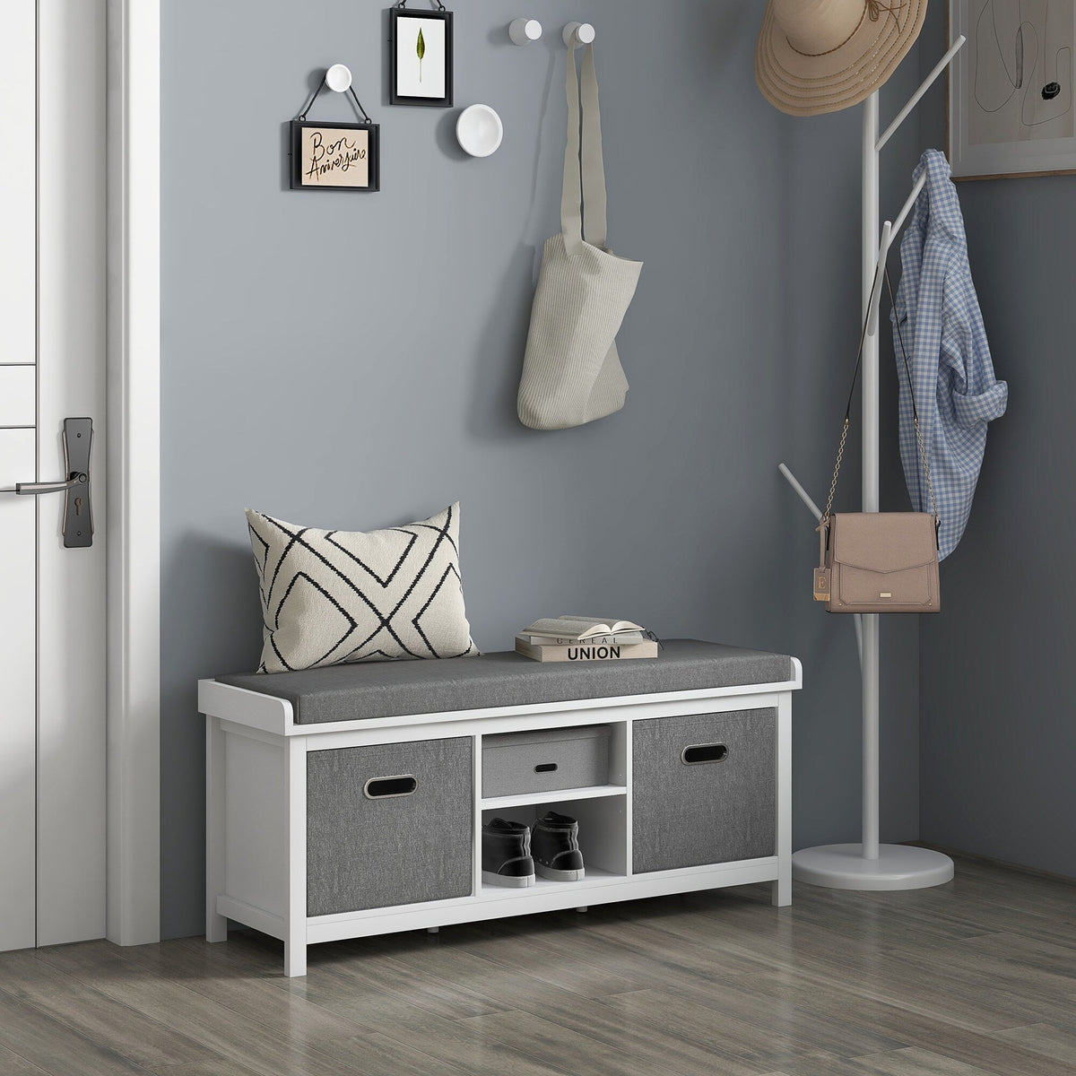 GZMR Storage Bench for Entryway with Padded Seat Modern White+Gray Storage Bench with Storage 41.3-in x 13.8-in x 18.5-in
