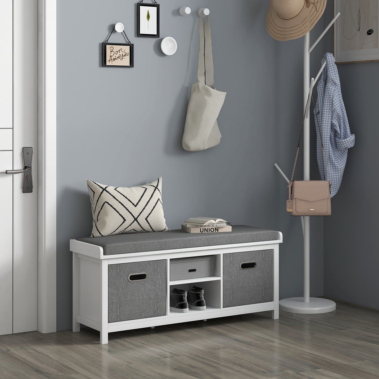 GZMR Storage Bench for Entryway with Padded Seat Modern White+Gray Storage Bench with Storage 41.3-in x 13.8-in x 18.5-in