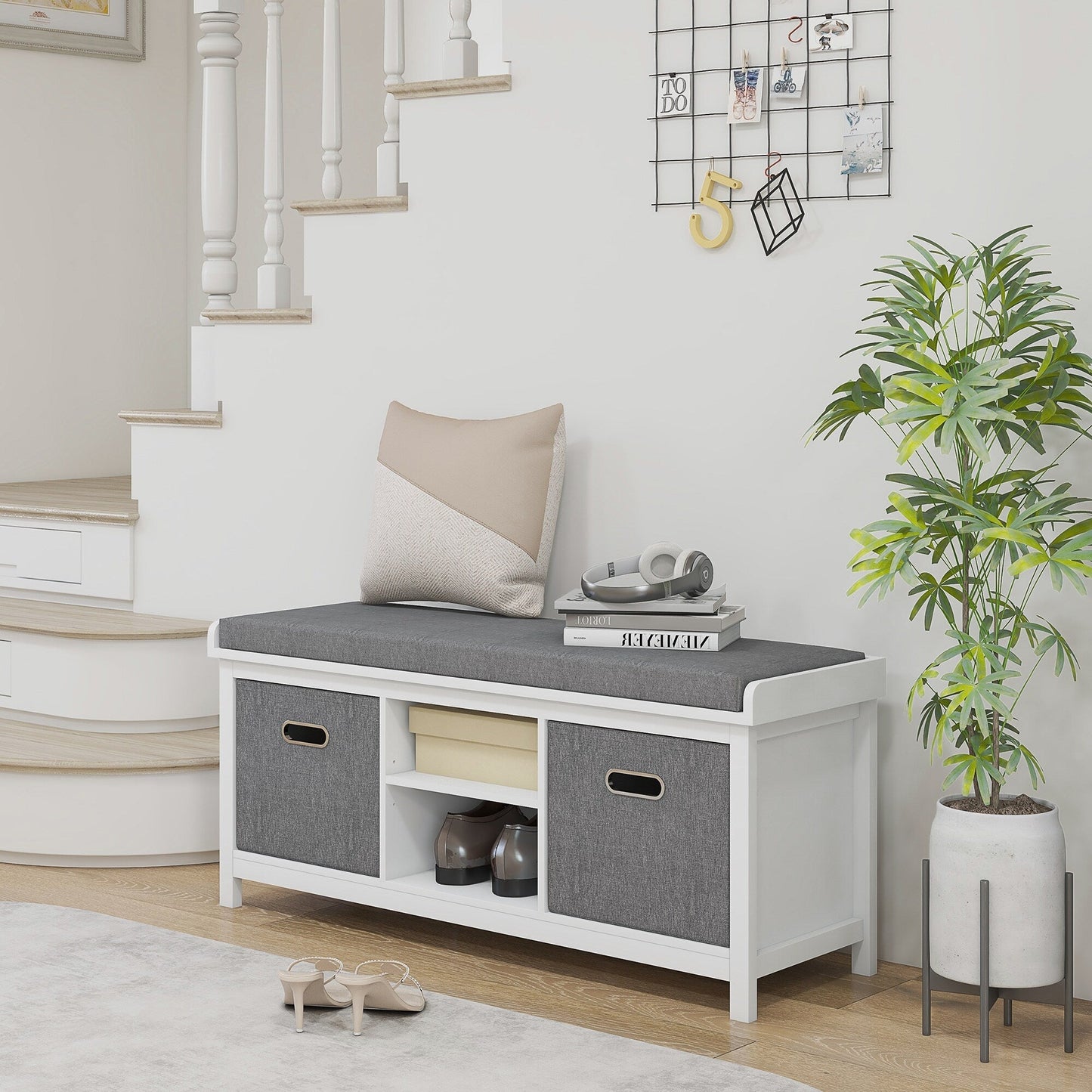 GZMR Storage Bench for Entryway with Padded Seat Modern White+Gray Storage Bench with Storage 41.3-in x 13.8-in x 18.5-in
