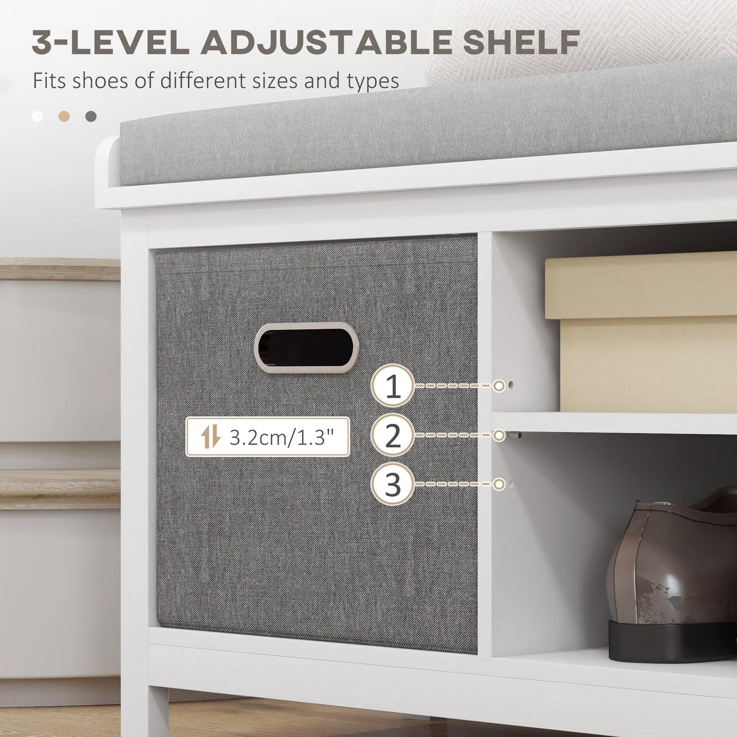 GZMR Storage Bench for Entryway with Padded Seat Modern White+Gray Storage Bench with Storage 41.3-in x 13.8-in x 18.5-in