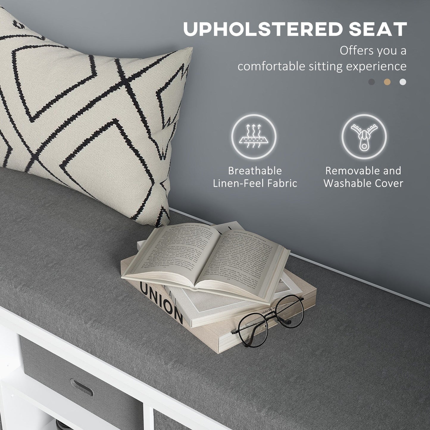GZMR Storage Bench for Entryway with Padded Seat Modern White+Gray Storage Bench with Storage 41.3-in x 13.8-in x 18.5-in