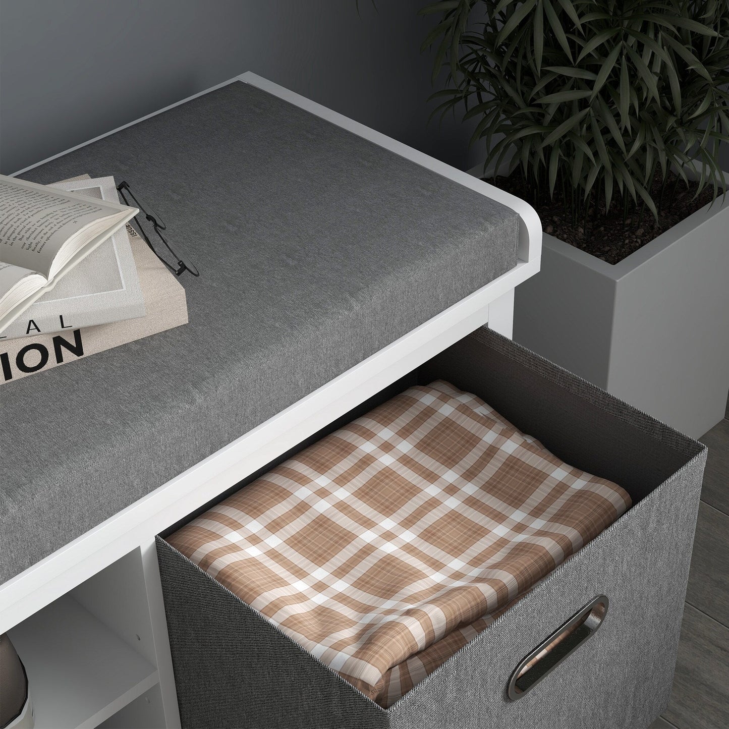 GZMR Storage Bench for Entryway with Padded Seat Modern White+Gray Storage Bench with Storage 41.3-in x 13.8-in x 18.5-in