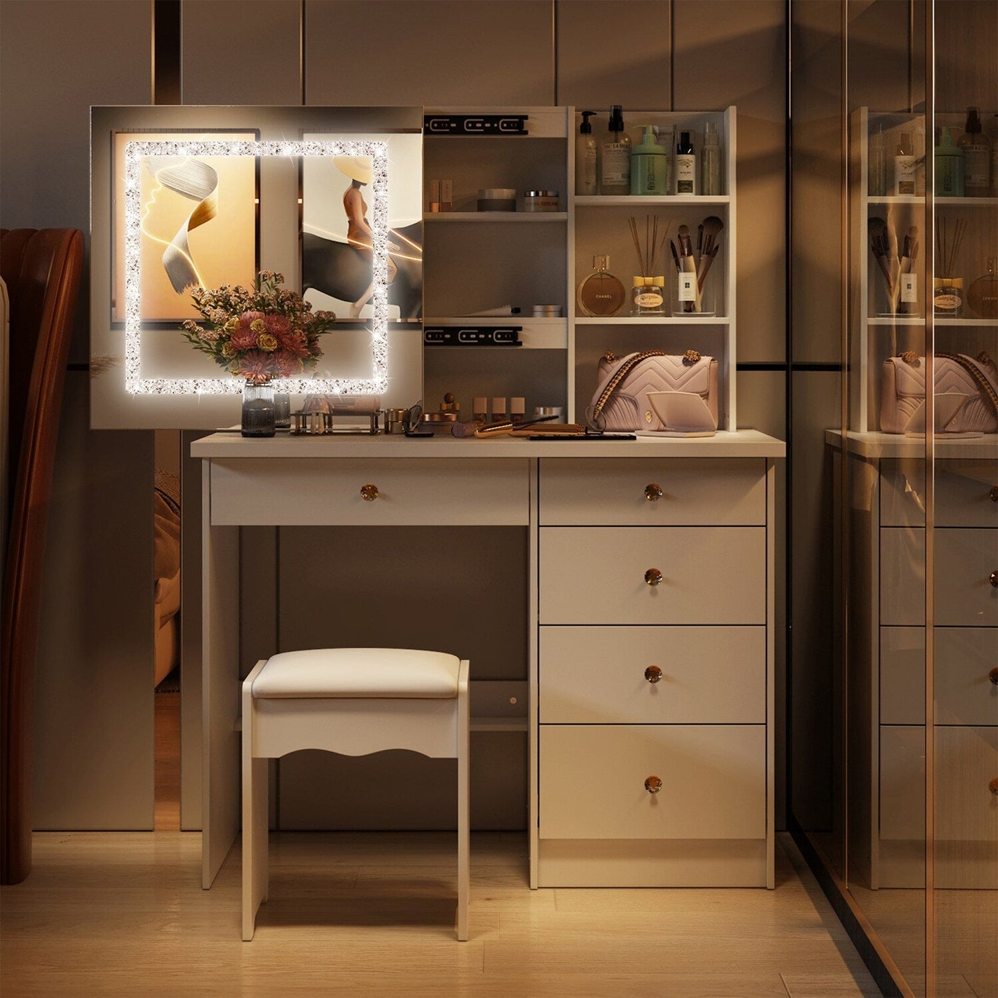 FUFU&GAGA Contemporary White Makeup Vanity with Lighted Mirror, 4 Drawers, and Cabinet Storage