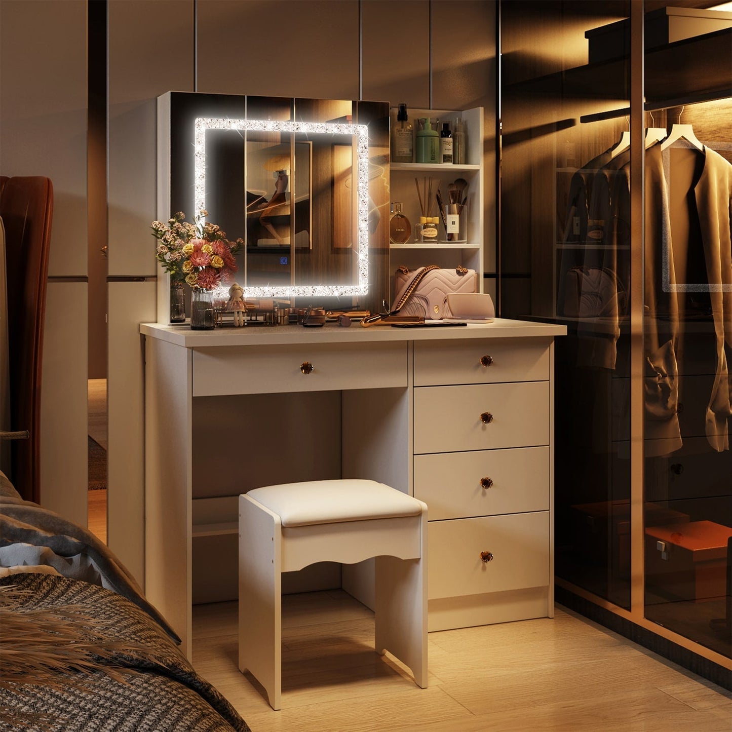 FUFU&GAGA Contemporary White Makeup Vanity with Lighted Mirror, 4 Drawers, and Cabinet Storage