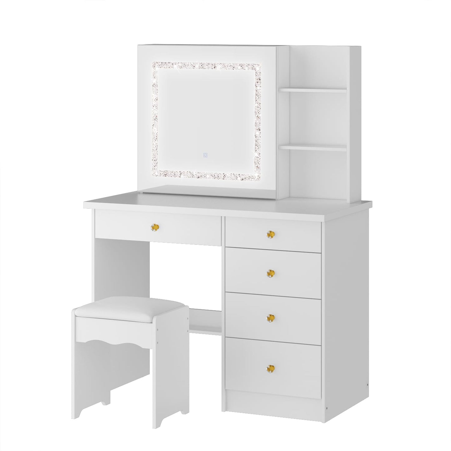 FUFU&GAGA Contemporary White Makeup Vanity with Lighted Mirror, 4 Drawers, and Cabinet Storage