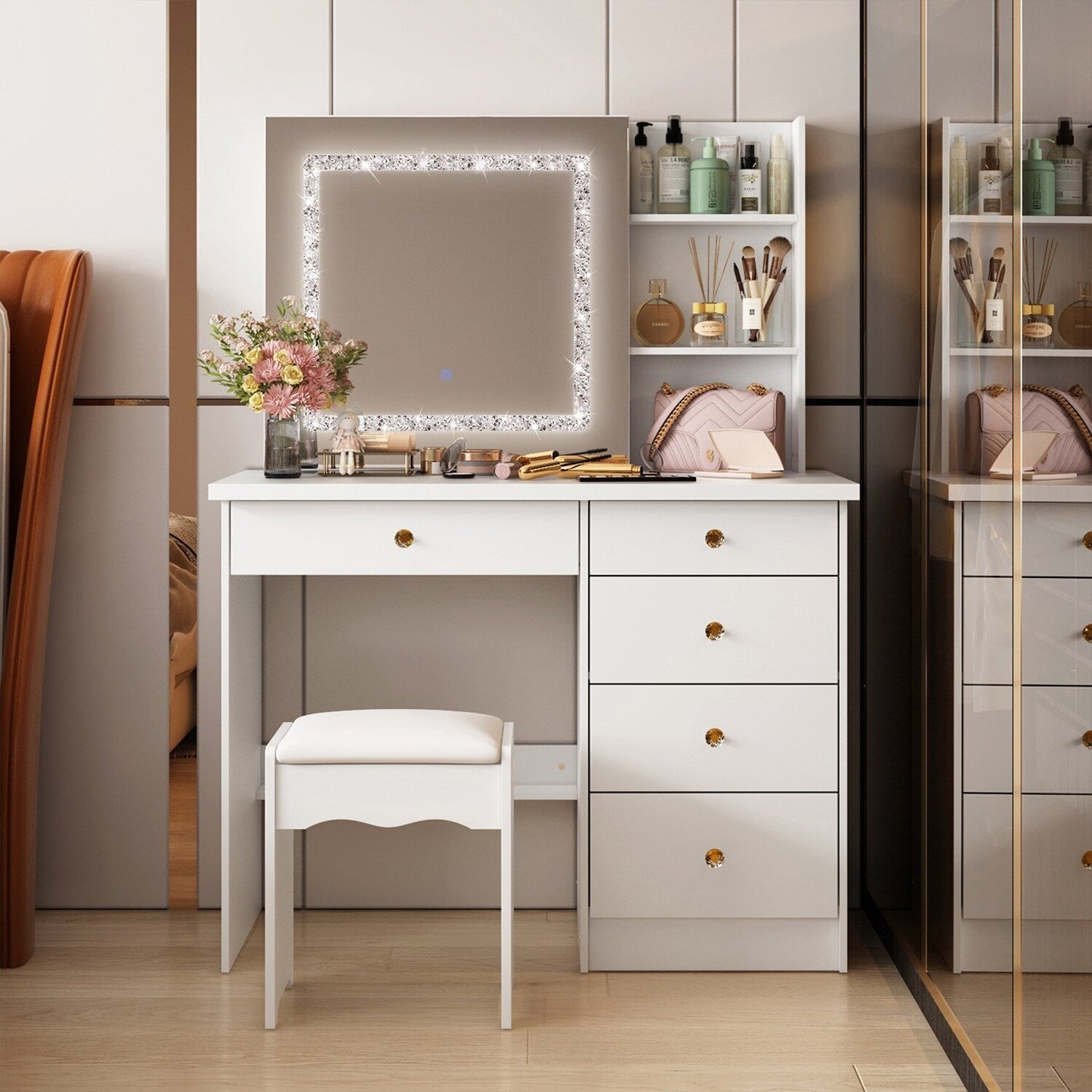 FUFU&GAGA Contemporary White Makeup Vanity with Lighted Mirror, 4 Drawers, and Cabinet Storage