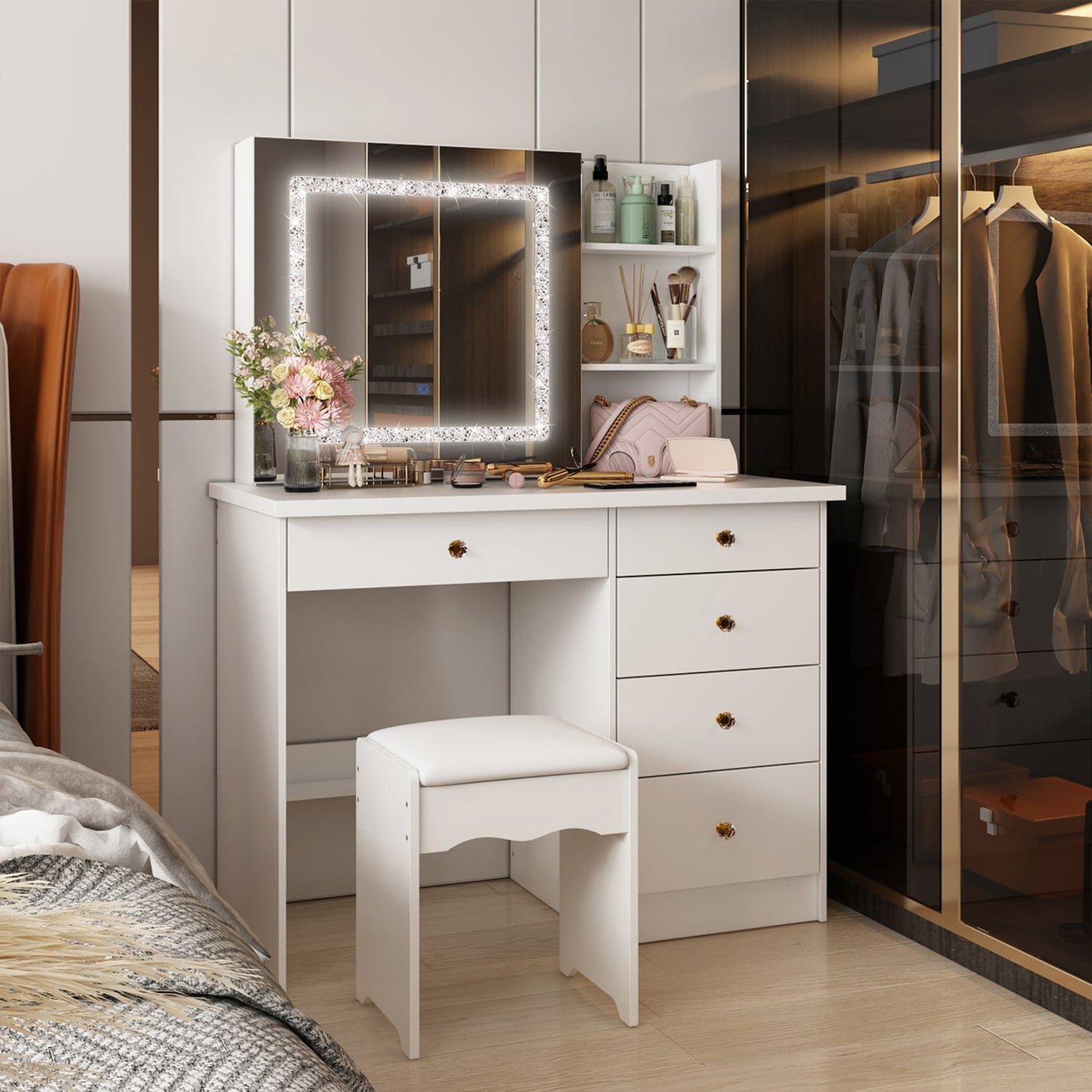 FUFU&GAGA Contemporary White Makeup Vanity with Lighted Mirror, 4 Drawers, and Cabinet Storage