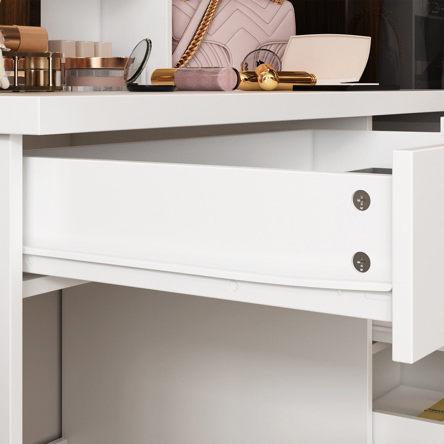 FUFU&GAGA Contemporary White Makeup Vanity with Lighted Mirror, 4 Drawers, and Cabinet Storage
