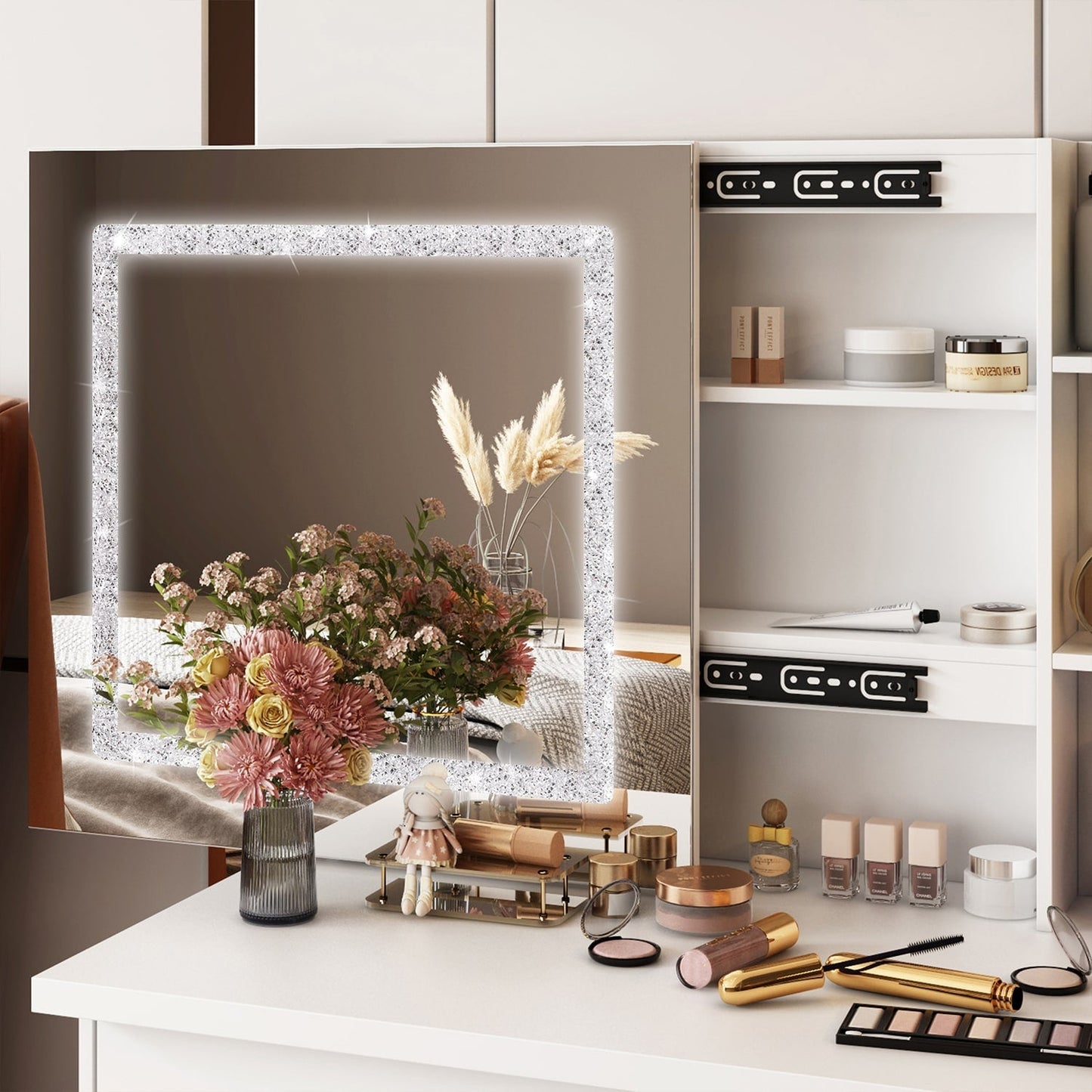 FUFU&GAGA Contemporary White Makeup Vanity with Lighted Mirror, 4 Drawers, and Cabinet Storage