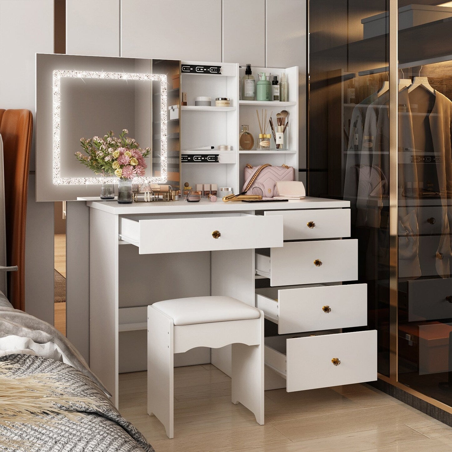 FUFU&GAGA Contemporary White Makeup Vanity with Lighted Mirror, 4 Drawers, and Cabinet Storage