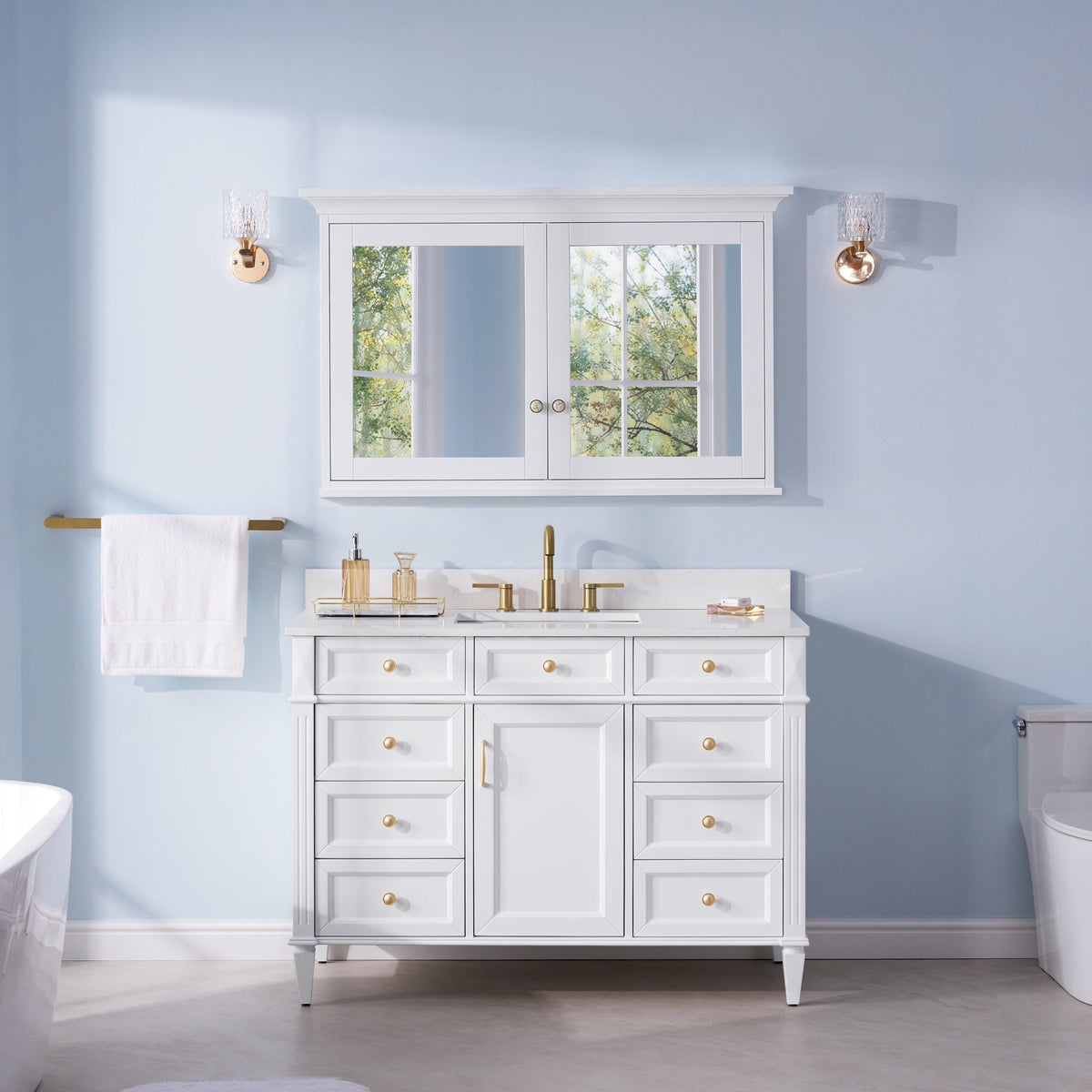 WELLFOR GRACE Solid Wood 48-in x 30-in Surface Mount White Mirrored Soft Close Medicine Cabinet